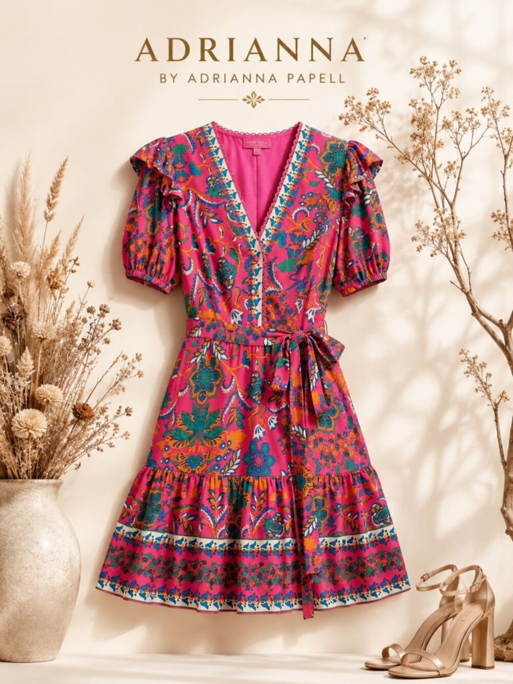 Adrianna Hot Pink Multi Printed Puff-Sleeve Midi Dress Size 8 NWT